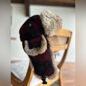 True Religion Mad Bomber Fur Trim Red Plaid Wool Blend Trapper Hat Ear Flaps